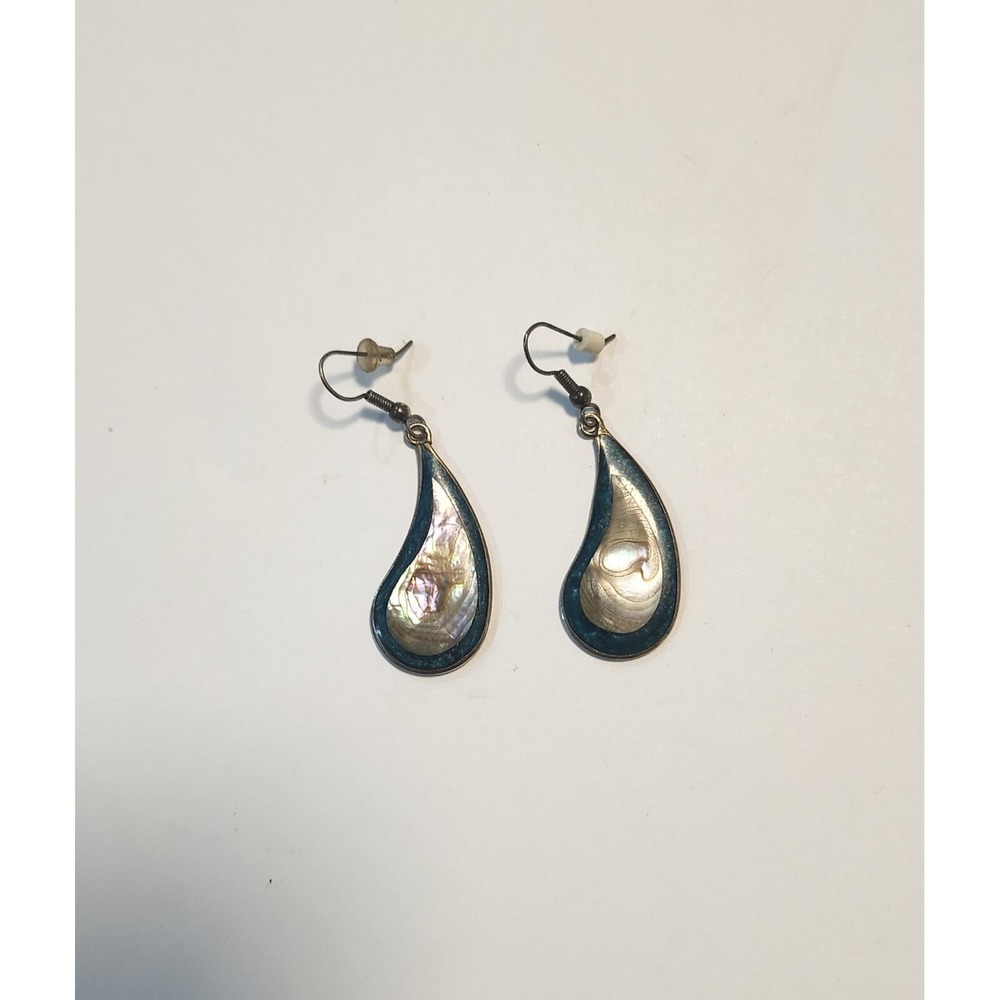 Vintage Alpaca Silver And‎ Abalone Earrings Enamel Inlaid 925